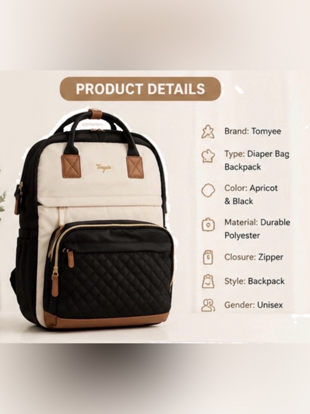 Black & Cream Extra Large Diaper Backpack - Picture 5 of 7